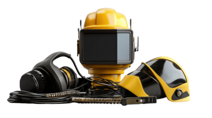 A welding machine with safety gear, isolated on transparent background, representing metalwork in home building