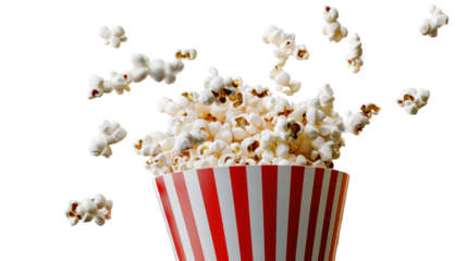 Popcorn bursting out of a classic red and white striped paper cup, isolated on transparent background, with kernels floating in mid-air."