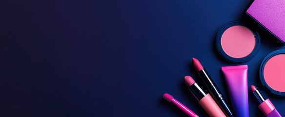 Colorful cosmetics arranged on dark background, showcasing lipsticks, blush, and cream products, perfect for beauty enthusiasts