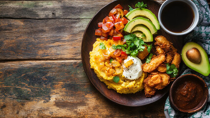 Rustic Dominican Farm Breakfast – Cassava Bread, Tropical Fruits, Local Coffee, and Raw Sugar on a Woven Mat for Traditional Caribbean Cuisine Themes