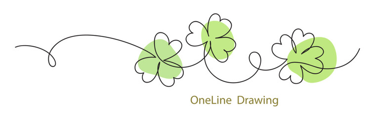 Abstract one line drawing. Beautiful ornament with green shamrock leaf. Abstract decorative horizontal border element. Outline stem with leaf divider design for St Patrick's day. Vector illustration.