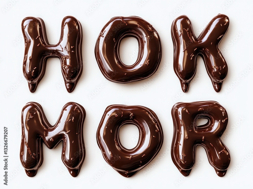 Fototapete hyper-realistic glossy chocolate alphabet letters in a grid format on a white background