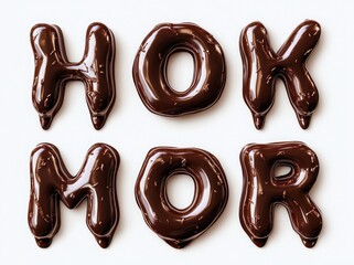 Hyper-realistic glossy chocolate alphabet letters in a grid format on a white background