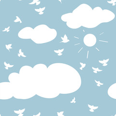 Seamless pattern with abstract white flying bird flock, cloud and sun silhouette. Cute blue sky background for Bird Day, 4 may or Easter. Wrapping or fabric design. Vector stock illustration.