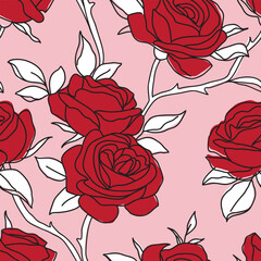Seamless pattern with beautiful vintage rose and decorative leaf silhouette. Wallpaper with red flower in old antique style on pink background. Wrapping or fabric design. Vector stock illustration.
