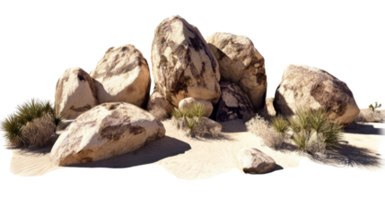 "An imposing set of boulders rising from the dry desert floor, isolated on transparent background, with shadows and sun-drenched surfaces highlighting their size and texture.