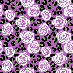 White rose bud and abstract leopard print on pink background. Seamless pattern with roses and exotic wild animal spot silhouette. Cute dress fabric design. Vector stock illustration.