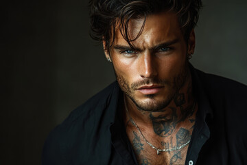 Obraz premium Man with tattoos and piercings, standing against a graffiti-covered wall, staring intensely at the camera with a serious expression.