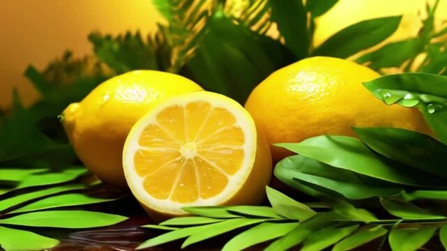 Lemon with leaves for celebration holiday sukkot, abstract vivid composition consists of background
