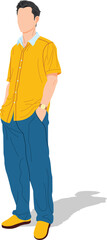 Man in yellow shirt and blue pants standing with hands in pockets