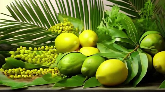 Lemon with leaves for celebration holiday sukkot, abstract vivid composition consists of background