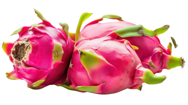 A whole dragon fruit resting on a transparent background, showcasing its colorful pink and green skin, ready to be cut.