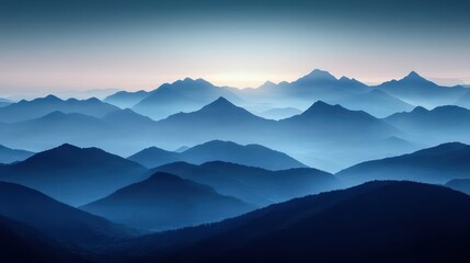 Obraz premium Mountain Range at Dawn Silhouette with Clouds and Hills in Serene Landscape for Travelers and Hikers