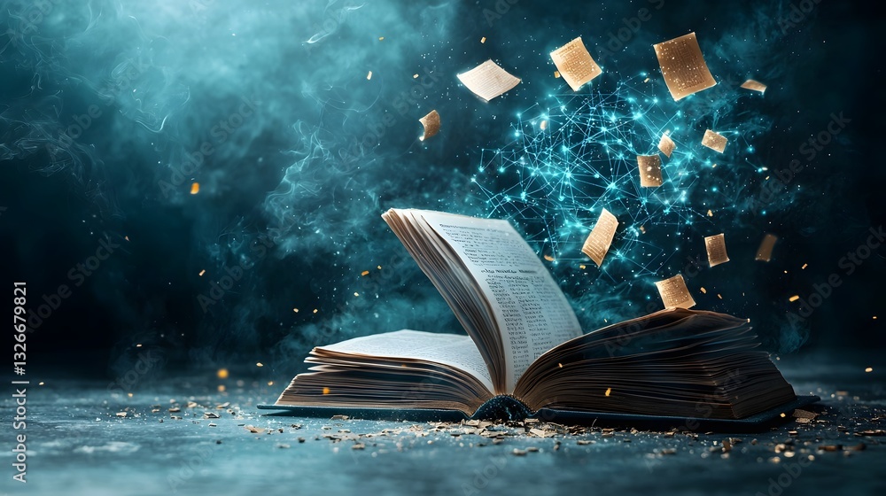Poster photograph of an open book with a digital neural network forming above it representing the fusion of