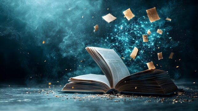 Photograph of an open book with a digital neural network forming above it representing the fusion of intelligence and cognitive science principles and technologies