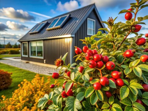 Modern Jutland solar home boasts panoramic Samsoe Island rosehip views; idyllic Danish scene.