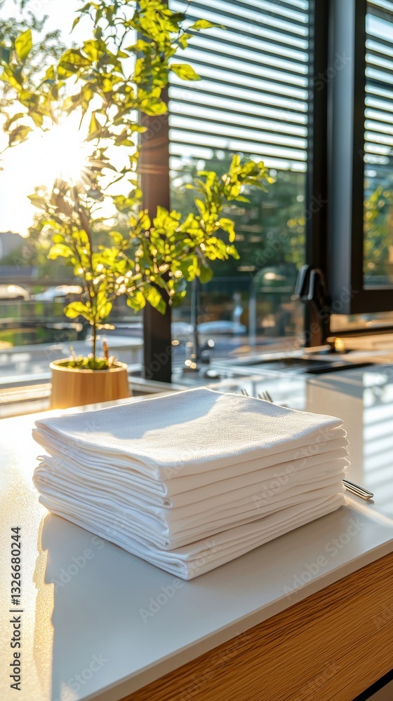 Poster durable washable napkins stacked on buffet in midday sunlight close-up texture highlight elegant din