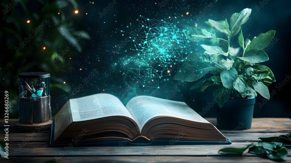 Poster photograph of an open book with a digital neural network formation emerging above it symbolizing the