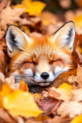Naklejka premium Sleepy fox nestled in autumn leaves