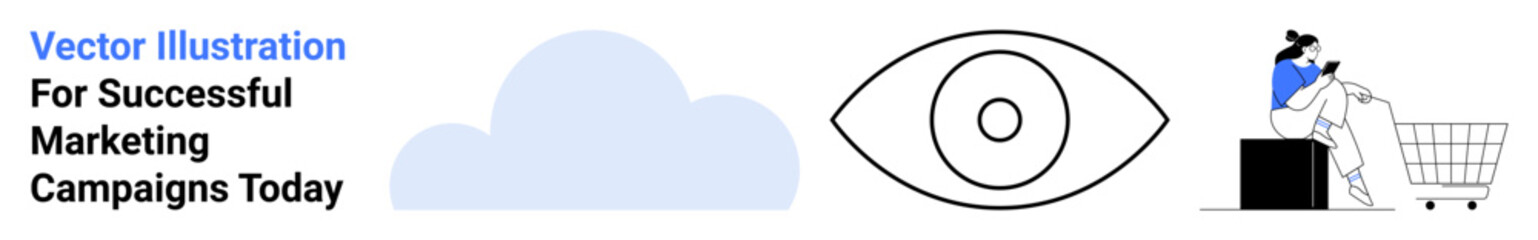 Cloud storage, eye representing focus, person with shopping cart promoting digital marketing, e-commerce, and innovation. Ideal for branding, technology, analytics, vision retail business growth