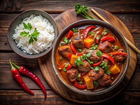 Delicious Asian Pork Stew Afritada with Rice - Overhead Low Light Shot