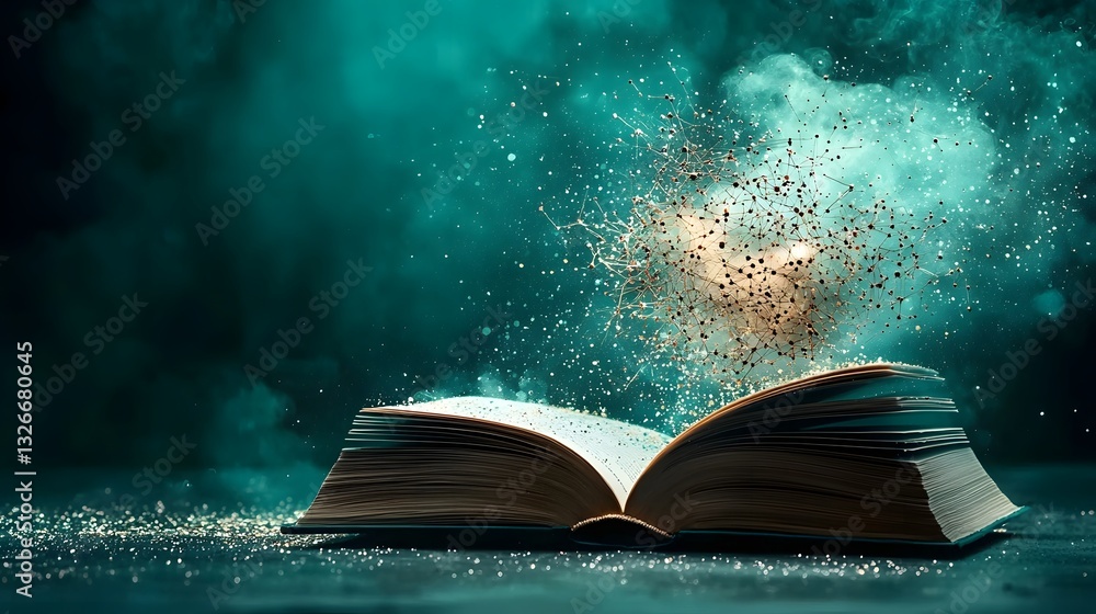Poster visually captivating image depicting an open book with a digital neural network formation above it s