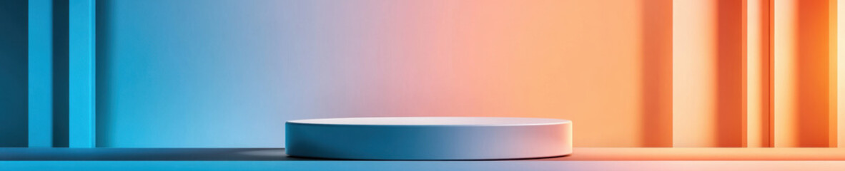 Minimalist stage design with blue and orange lighting, featuring circular platform. vibrant colors create modern and artistic atmosphere, perfect for presentations or performances