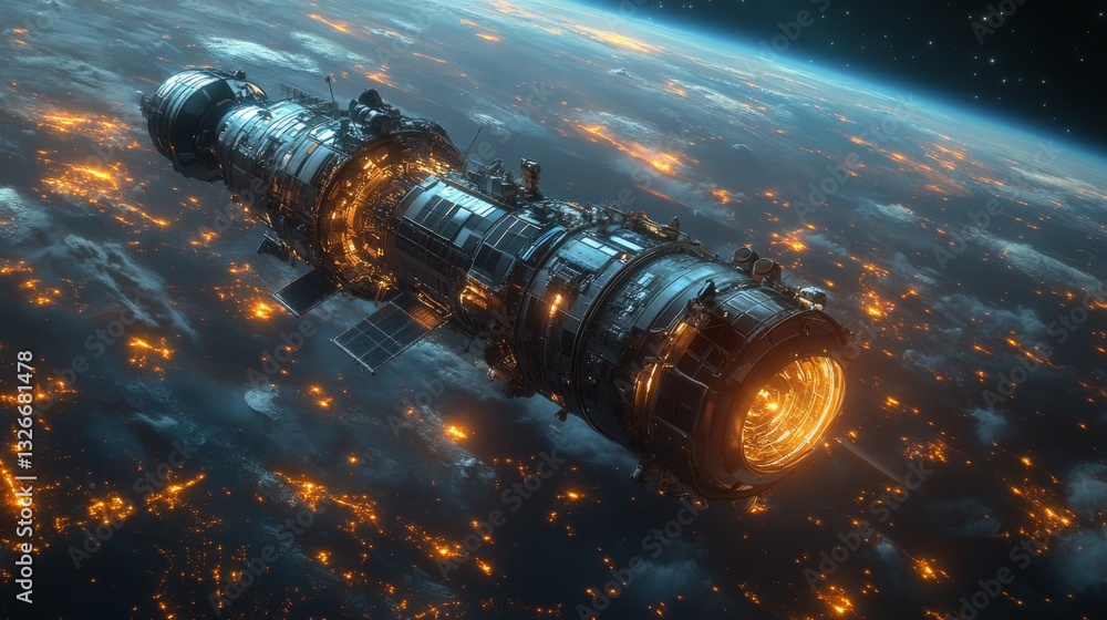 Poster a sophisticated satellite operates in low earth orbit, designed for broadband transmission and telem