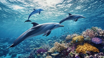 Obraz premium Playful Dolphins Swimming through Vibrant Coral Reef Underwater