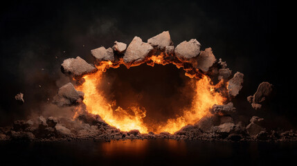 Burning flames erupt from large hole in stone wall, creating dramatic scene of destruction and intensity. fiery glow contrasts with dark background
