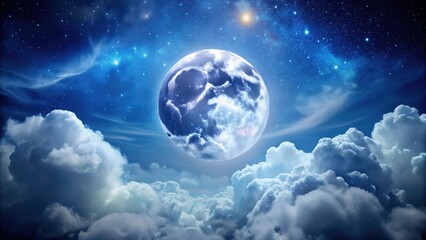 Obraz premium A serene night sky with a large round moonlit orb, surrounded by fluffy white clouds and stars, set against a deep shade of indigo blue background, celestial, full moon