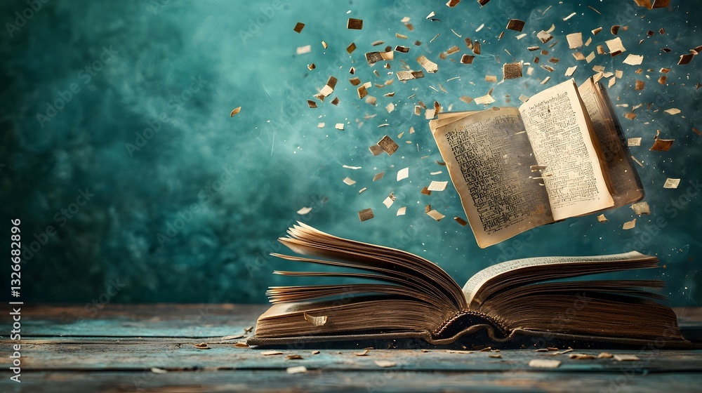 Aufkleber an open book with ancient scrolls and manuscripts appearing to float in midair representing the time