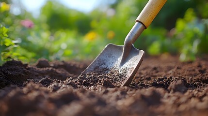 Gardening Shovel Digging in Soil with a Vibrant Green Garden Background