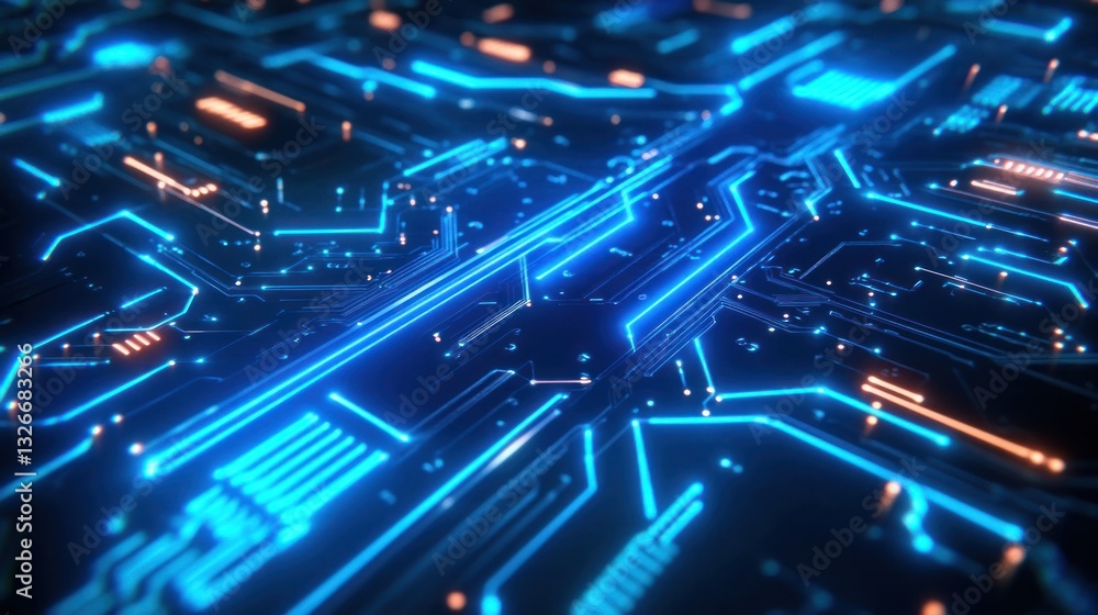 Poster futuristic circuit board design showcasing intricate patterns and vibrant blue lights. ideal for tec