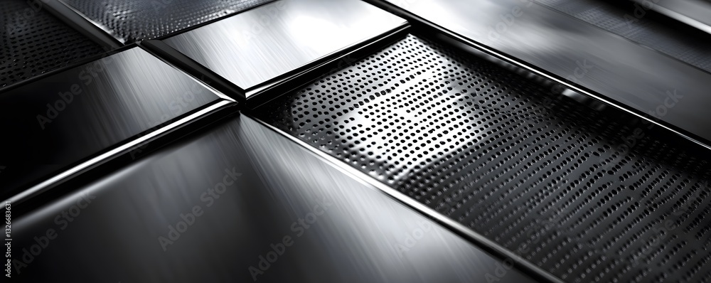Poster brushed metal surface with perforated grid creating modern abstract design