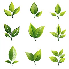Green leaf vector icon set isolated on white background, simple flat design logo style. Collection of green tea leaves symbols for natural, organic products, and environmental protection concepts. Per