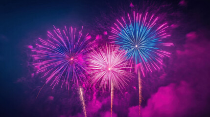 Fototapeta premium Vibrant fireworks explode in night sky, creating stunning display of pink and blue colors. celebration evokes joy and excitement, lighting up atmosphere beautifully
