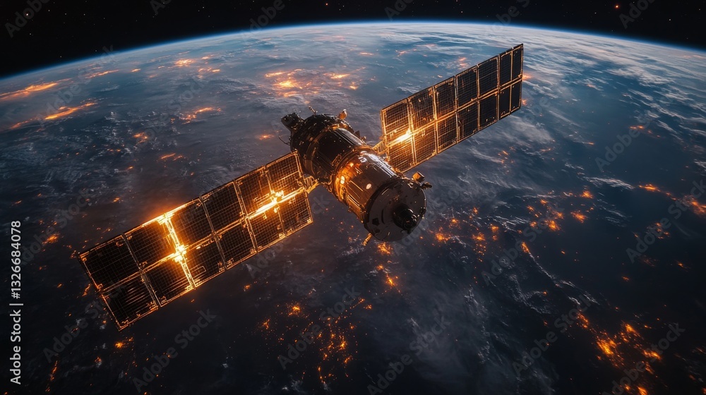 Poster A spacecraft orbits Earth, equipped with solar panels and communication systems, facilitating data transmission and enhancing global connectivity from low Earth orbit.