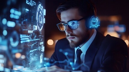 Software engineer working with futuristic holographic interface and headset in office at night