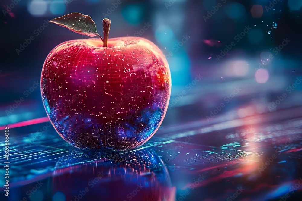 Poster digital apple futuristic technology red neon glowing abstract background modern design shiny surface