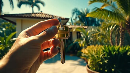 Hand holding house keys in bright garden, capturing joyful moment of new home ownership and outdoor beauty
