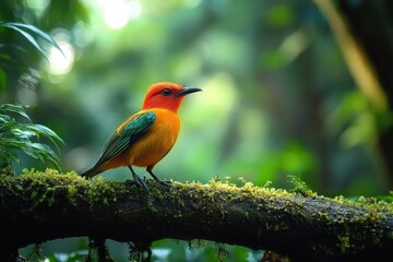 Obraz premium Tropical Bird Perched on Mossy Branch in Lush Rainforest