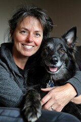 Obraz premium A woman and her pet dog sitting together on a couch, peaceful companionship