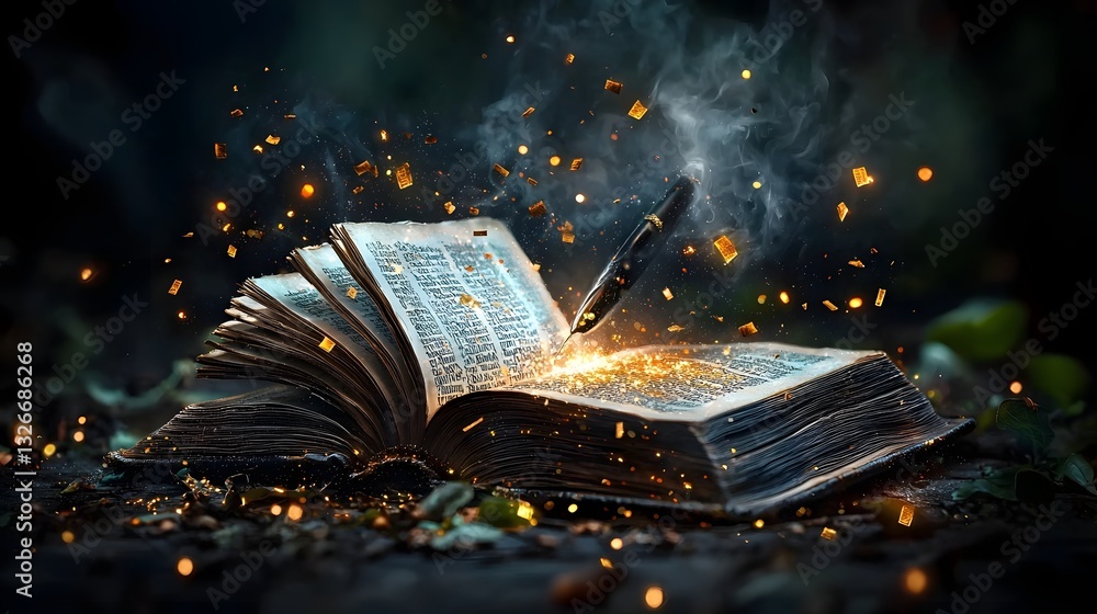 Poster a photograph showcasing an open book where a mystical ink quill writes on its own forming words that
