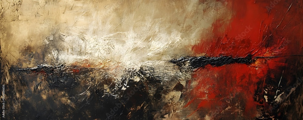 Poster abstract painting using black, white, brown and red colors creating dramatic effect