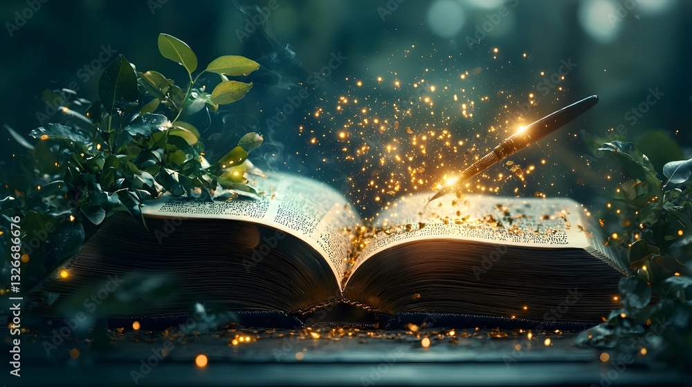 Poster mystical quill writes glowing words of ancient literary wisdom on the open pages of a mysterious enc
