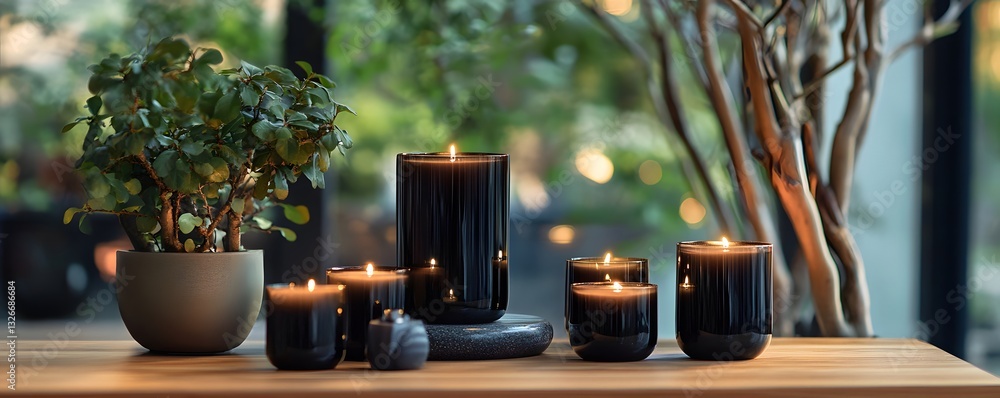 Poster burning scented candles creating relaxing atmosphere on table with green plant
