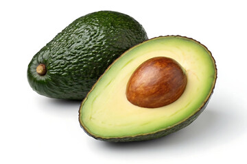 Isolated ripe avocado half with seed and whole avocado fruit on white background, healthy organic food ingredient, fresh green produce.