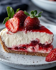 A slice of cheesecake with strawberries on top of it