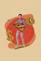 Trend image vertical photo collage of happy businessman play guitar time expire deadline usd...